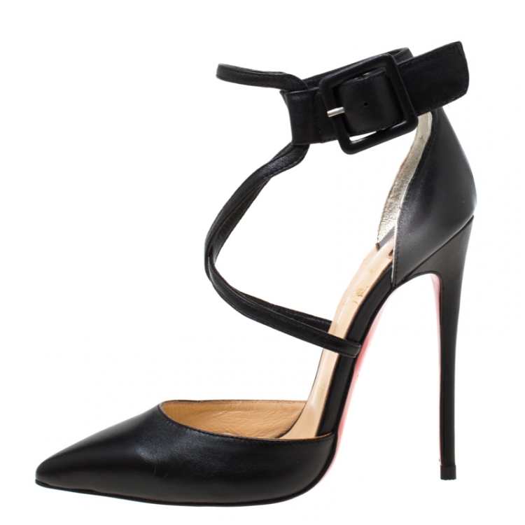 Pre Owned Christian Louboutin Black Leather Ankle Strap Pointed Toe Sandals Size 36