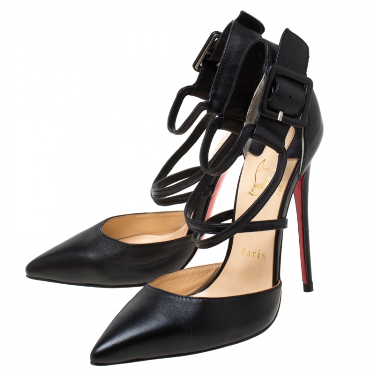 Pre Owned Christian Louboutin Black Leather Ankle Strap Pointed Toe Sandals Size 36