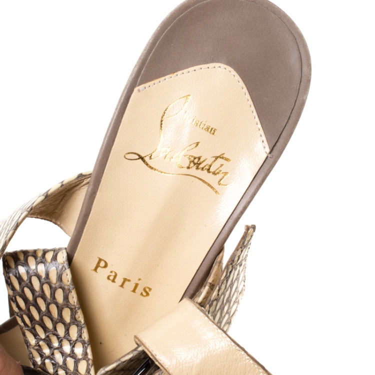 Pre Owned Christian Louboutin Beige Python Leather Criss Cross Strap Platform Sandals Size 38