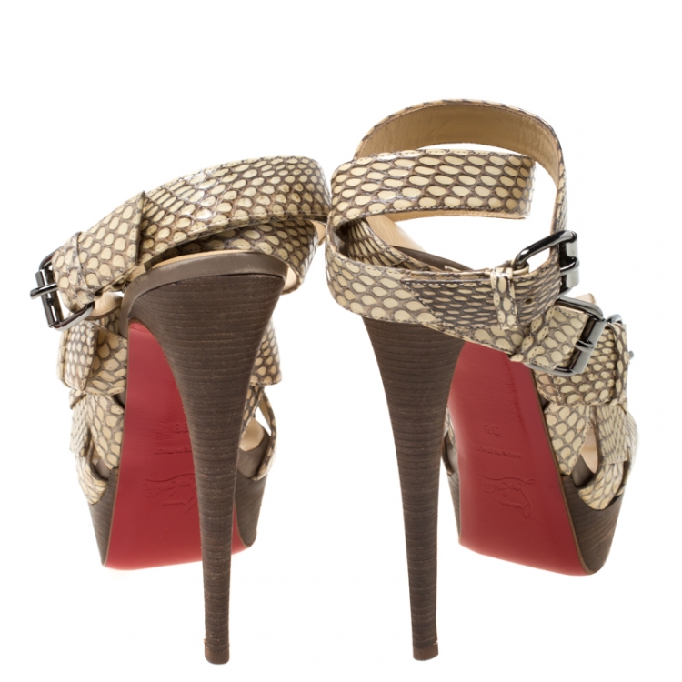 Pre Owned Christian Louboutin Beige Python Leather Criss Cross Strap Platform Sandals Size 38
