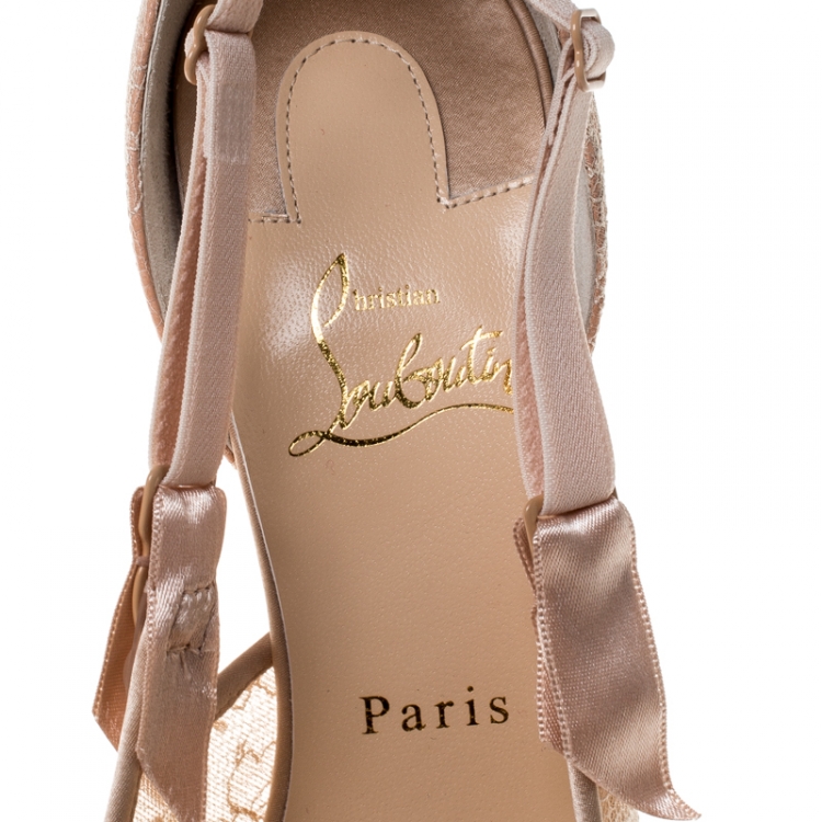 Pre Owned Christian Louboutin Beige Lace And Satin Hot Jeanbi 100 Pointed Pumps Size 39