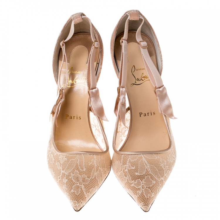 Pre Owned Christian Louboutin Beige Lace And Satin Hot Jeanbi 100 Pointed Pumps Size 39