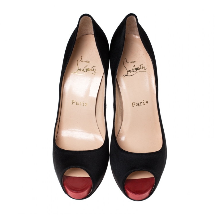 Pre Owned Christian Louboutin Black Satin Very Prive Peep Toe Platform Pumps Size 37.5