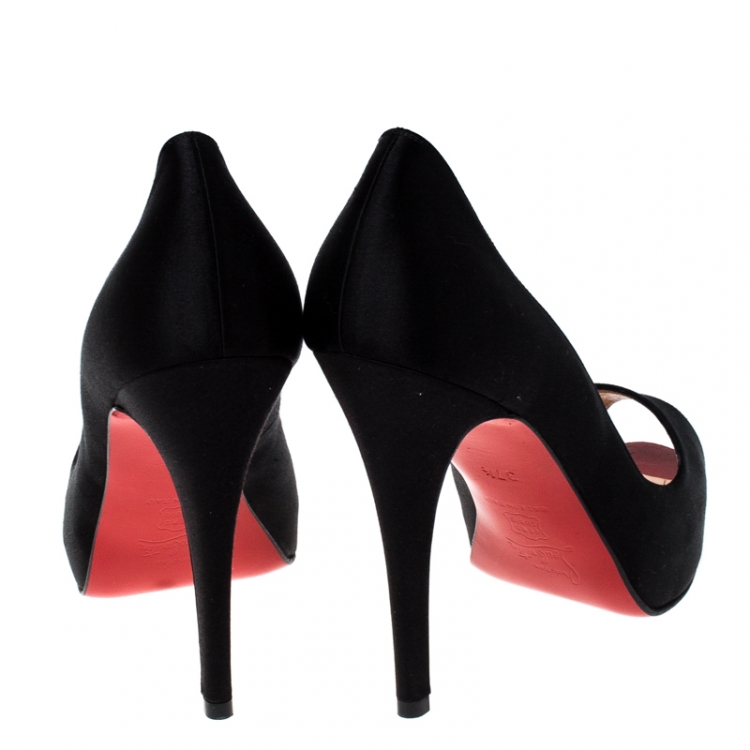 Pre Owned Christian Louboutin Black Satin Very Prive Peep Toe Platform Pumps Size 37.5