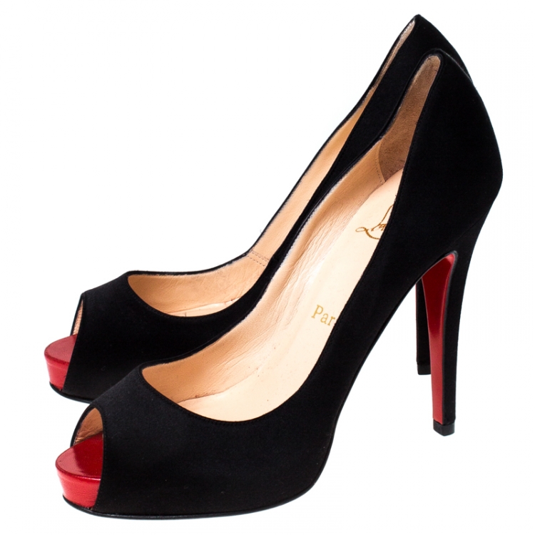 Pre Owned Christian Louboutin Black Satin Very Prive Peep Toe Platform Pumps Size 37.5