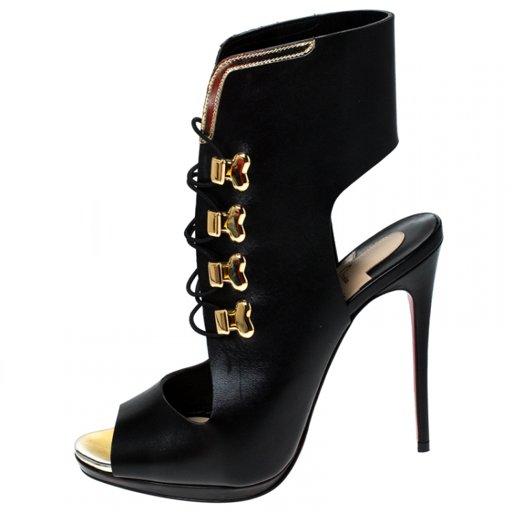 Pre Owned Christian Louboutin Black Leather Troubida Ankle Length Sandals Size 37.5