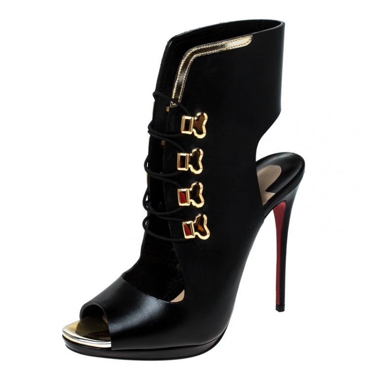Pre Owned Christian Louboutin Black Leather Troubida Ankle Length Sandals Size 37.5