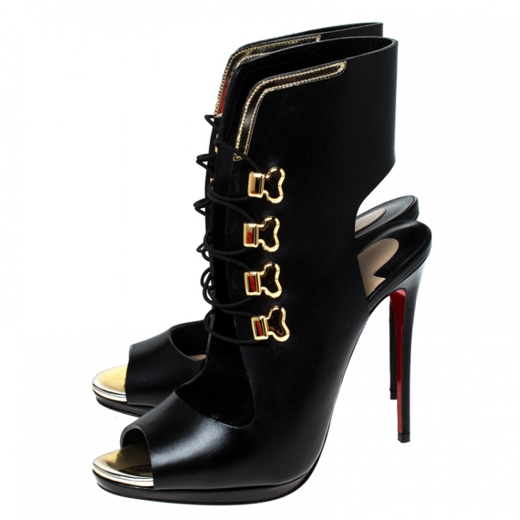 Pre Owned Christian Louboutin Black Leather Troubida Ankle Length Sandals Size 37.5