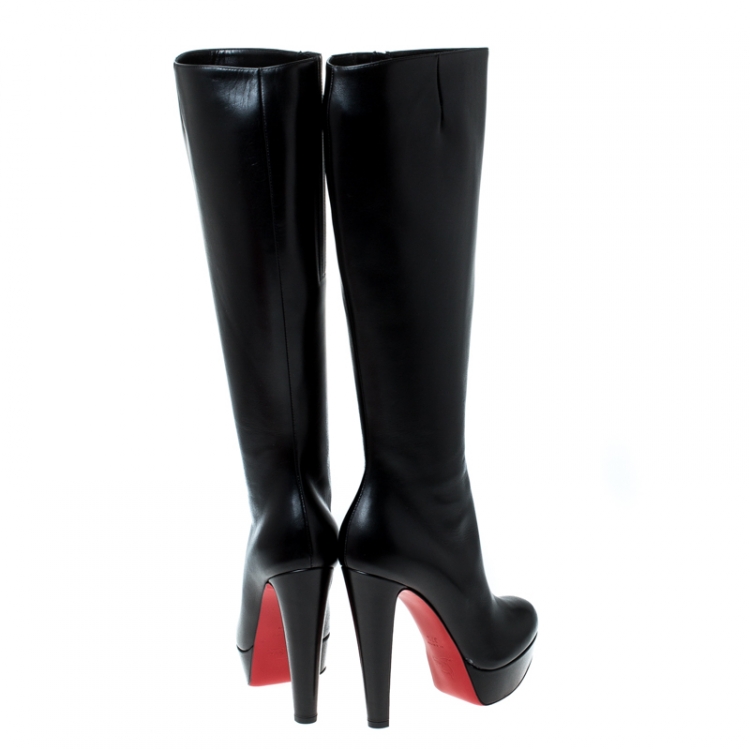 Pre Owned Christian Louboutin Black Leather Lady Platform Knee High Boots Size 37.5