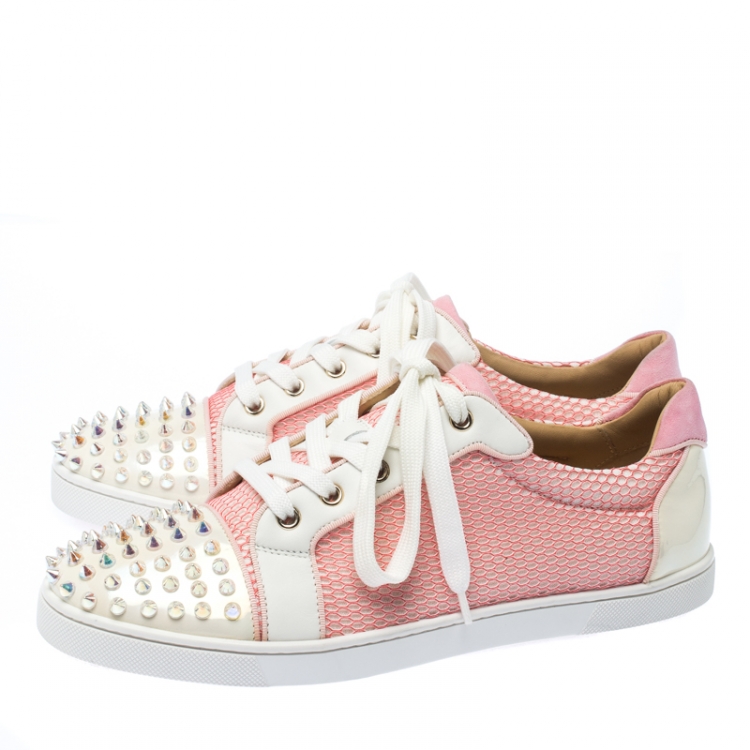 Pre Owned Christian Louboutin Pink/White Mesh And Patent Leather Gondolita Spike Lace Up Sneakers Size 41