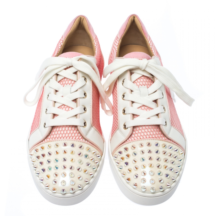 Pre Owned Christian Louboutin Pink/White Mesh And Patent Leather Gondolita Spike Lace Up Sneakers Size 41