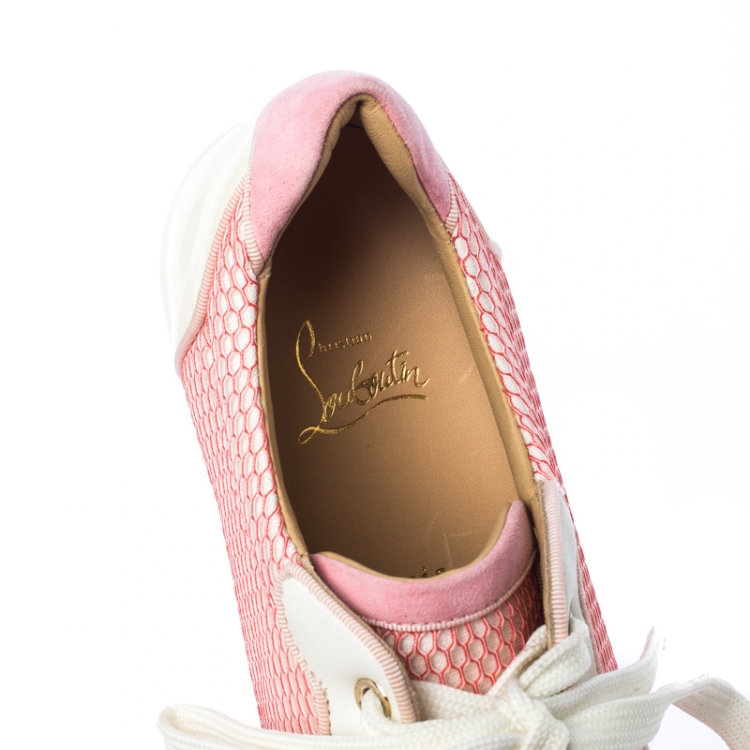 Pre Owned Christian Louboutin Pink/White Mesh And Patent Leather Gondolita Spike Lace Up Sneakers Size 41