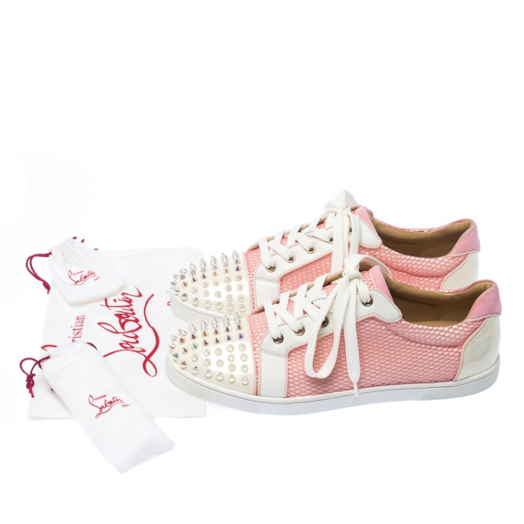 Pre Owned Christian Louboutin Pink/White Mesh And Patent Leather Gondolita Spike Lace Up Sneakers Size 41