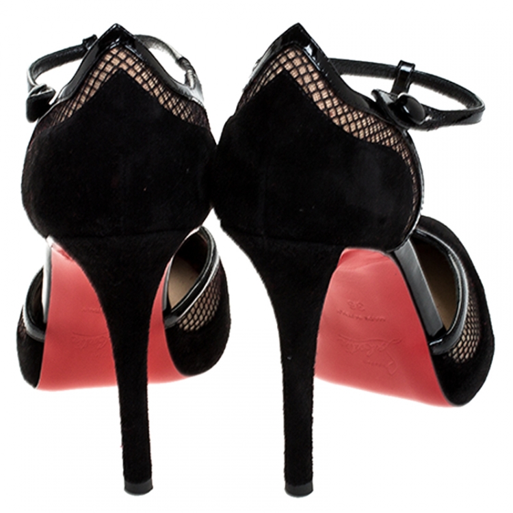 Pre Owned  Christian Louboutin Black Suede Leather And Mesh La Aichinger T Strap Pumps Size 36