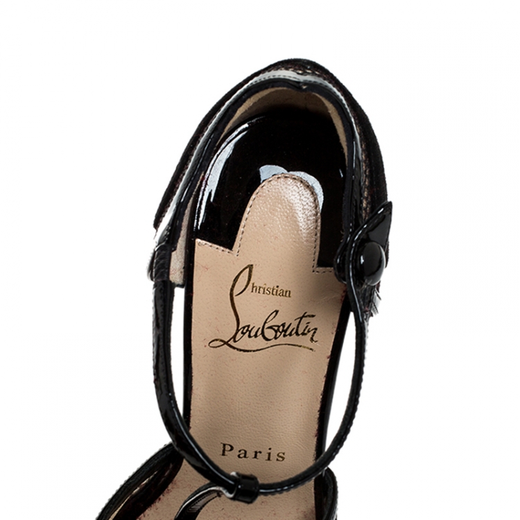 Pre Owned  Christian Louboutin Black Suede Leather And Mesh La Aichinger T Strap Pumps Size 36