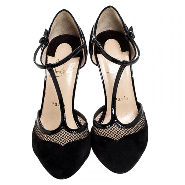 Pre Owned  Christian Louboutin Black Suede Leather And Mesh La Aichinger T Strap Pumps Size 36