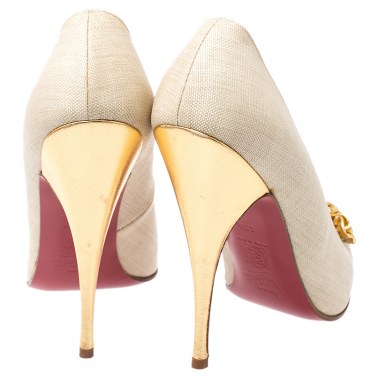 Pre Owned Christian Louboutin Beige Woven Canvas And Gold Floral Applique Pumps Size 40.5