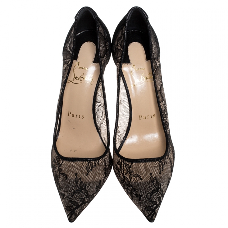 Pre Owned Christian Louboutin Black Lace And Suede Pigalace Pointed Toe Pumps Size 36