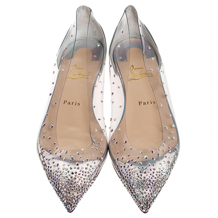Pre Owned Christian Louboutin Metallic Sliver PVC And Leather Degrastrass Pointed Toe Ballet Flats Size 39
