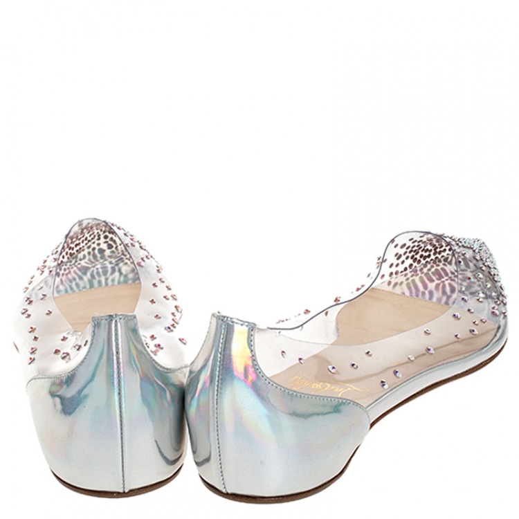 Pre Owned Christian Louboutin Metallic Sliver PVC And Leather Degrastrass Pointed Toe Ballet Flats Size 39