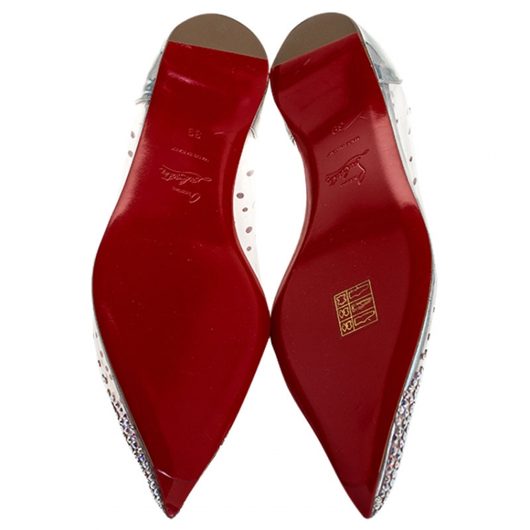 Pre Owned Christian Louboutin Metallic Sliver PVC And Leather Degrastrass Pointed Toe Ballet Flats Size 39