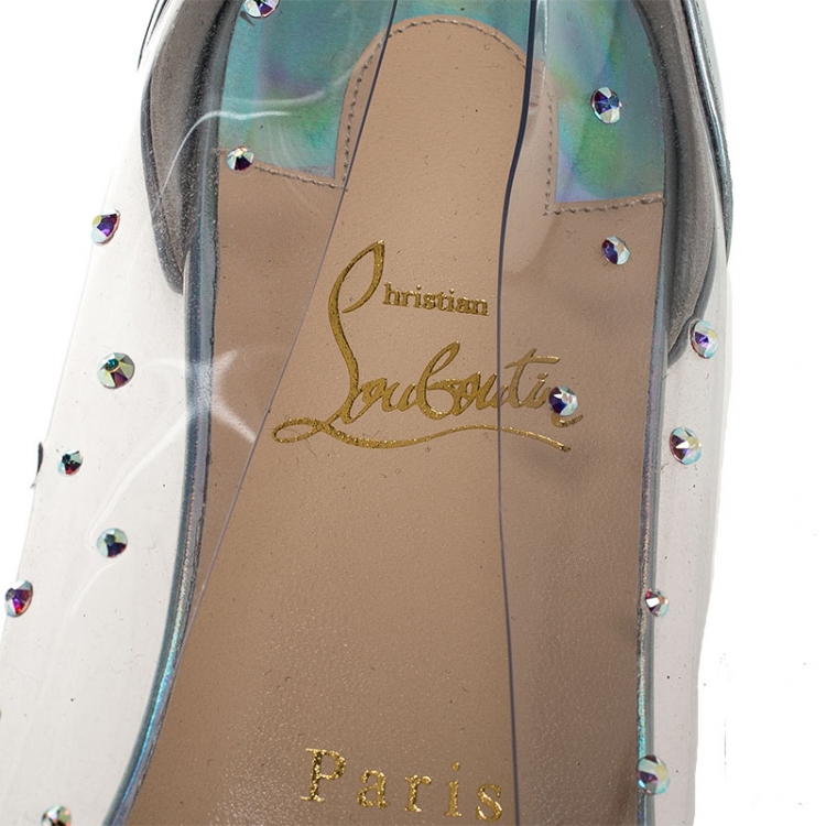 Pre Owned Christian Louboutin Metallic Sliver PVC And Leather Degrastrass Pointed Toe Ballet Flats Size 39