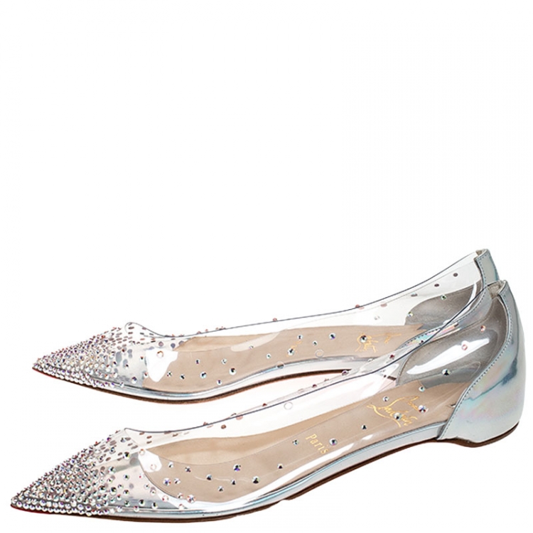 Pre Owned Christian Louboutin Metallic Sliver PVC And Leather Degrastrass Pointed Toe Ballet Flats Size 39