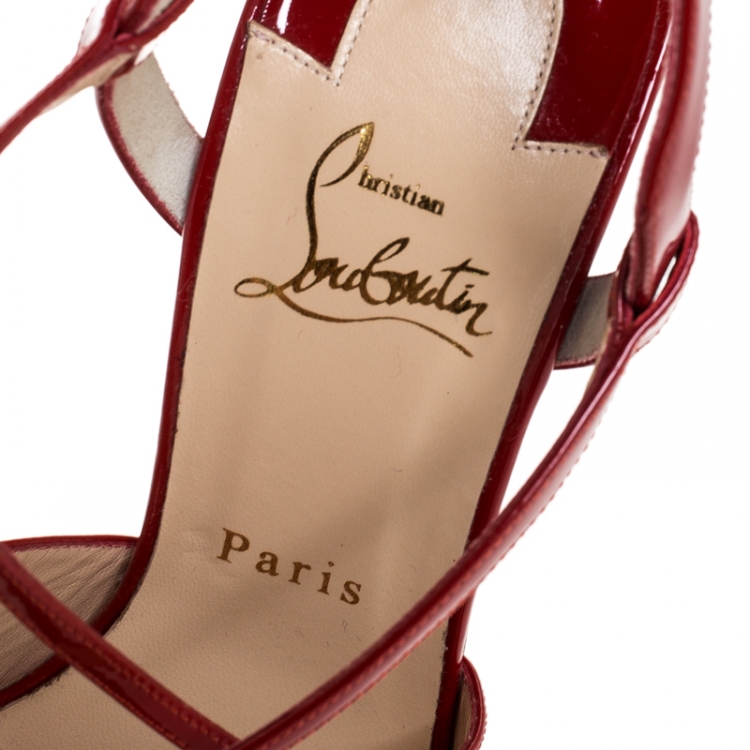 Pre Owned Christian Louboutin Red Patent Leather Cross Street Strappy Sandals Size 38.5
