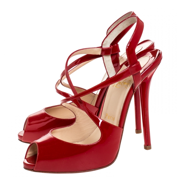 Pre Owned Christian Louboutin Red Patent Leather Cross Street Strappy Sandals Size 38.5