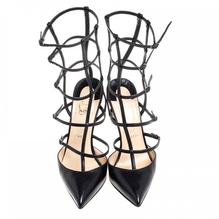 Pre Owned Christian Louboutin Black Leather Kadreyana Pointed Toe Cage Sandals Size 39