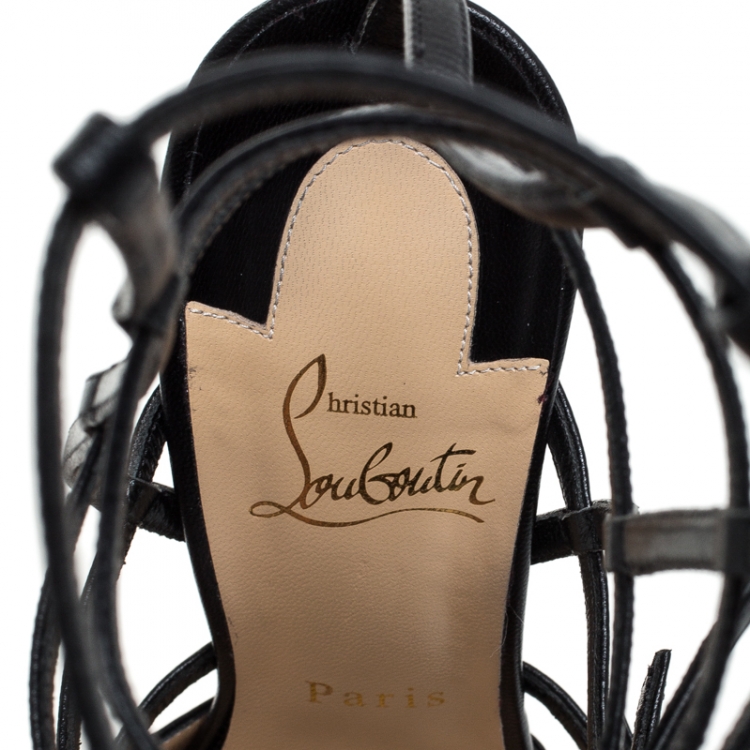 Pre Owned Christian Louboutin Black Leather Kadreyana Pointed Toe Cage Sandals Size 39