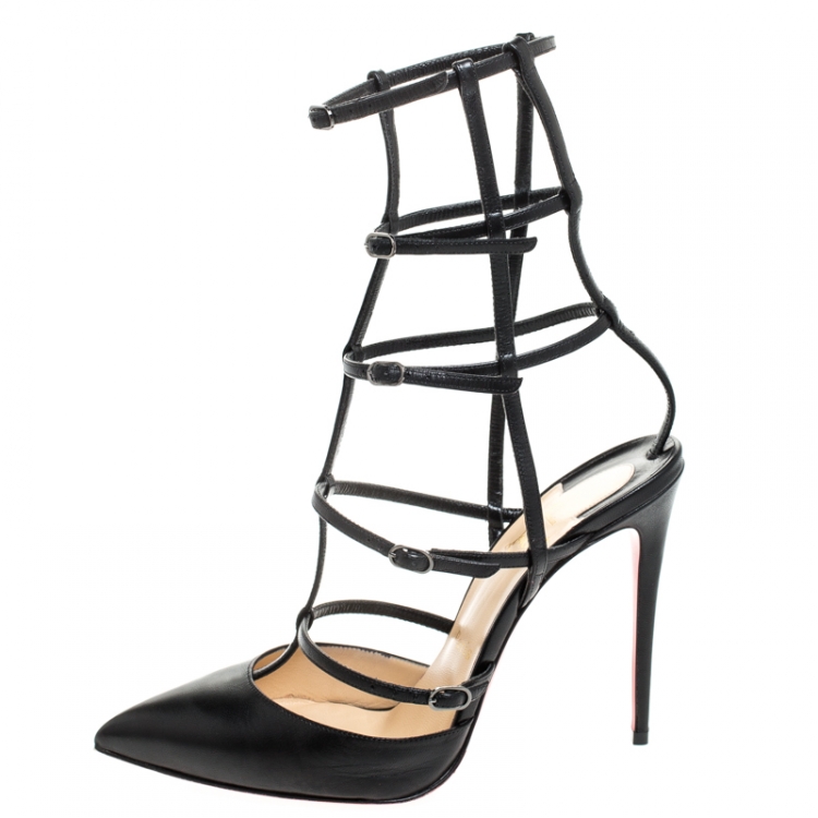 Pre Owned Christian Louboutin Black Leather Kadreyana Pointed Toe Cage Sandals Size 39