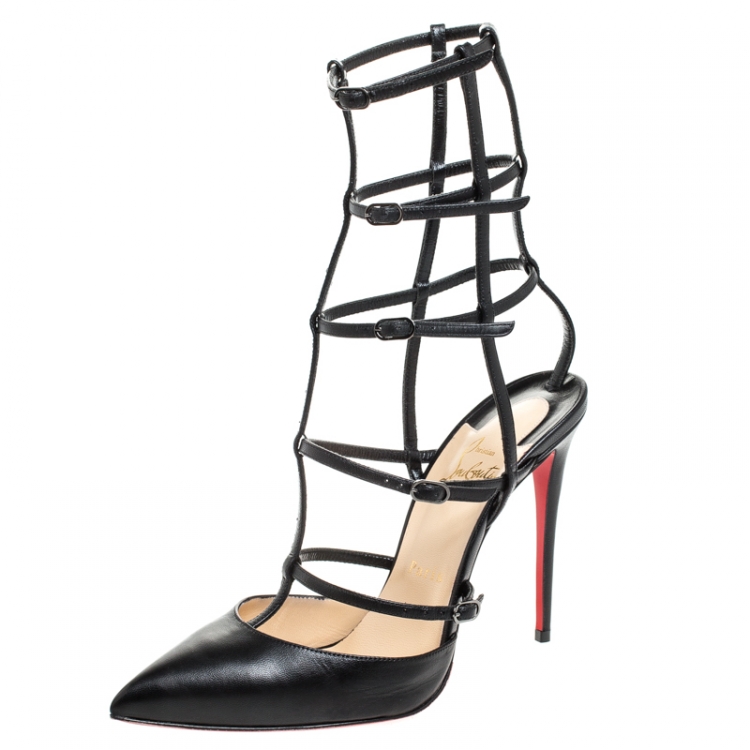 Pre Owned Christian Louboutin Black Leather Kadreyana Pointed Toe Cage Sandals Size 39