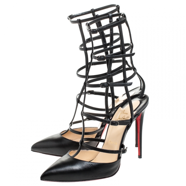 Pre Owned Christian Louboutin Black Leather Kadreyana Pointed Toe Cage Sandals Size 39