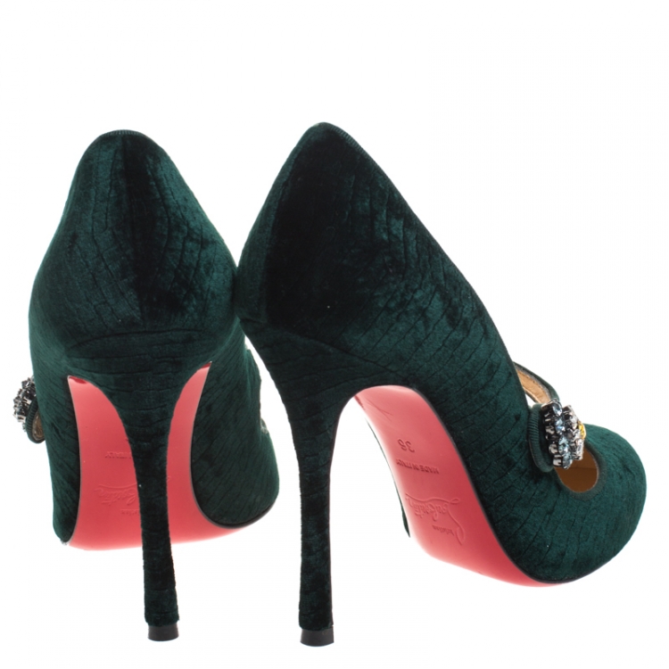Pre Owned Christian Louboutin Green Velvet Booton Mary Jane Pumps Size 36
