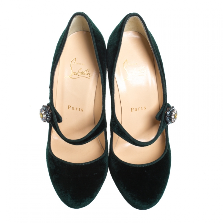 Pre Owned Christian Louboutin Green Velvet Booton Mary Jane Pumps Size 36
