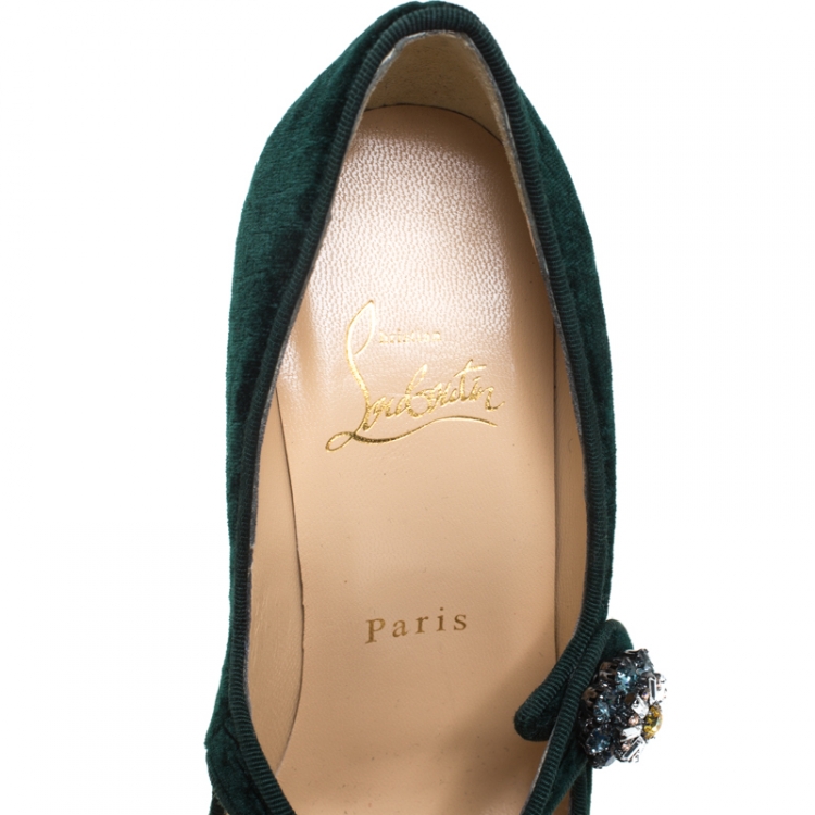 Pre Owned Christian Louboutin Green Velvet Booton Mary Jane Pumps Size 36