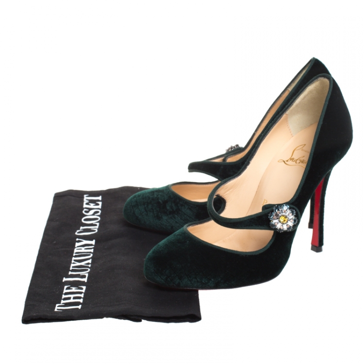 Pre Owned Christian Louboutin Green Velvet Booton Mary Jane Pumps Size 36