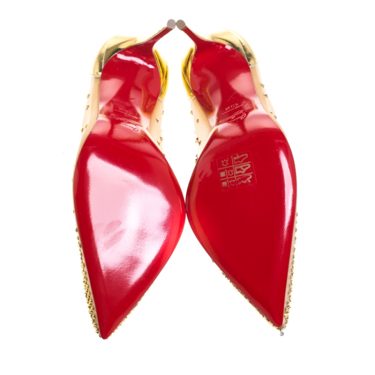 Pre Owned Christian Louboutin Gold Crystal Embellished Leather and Mesh Follies Strass Pumps Size 40.5