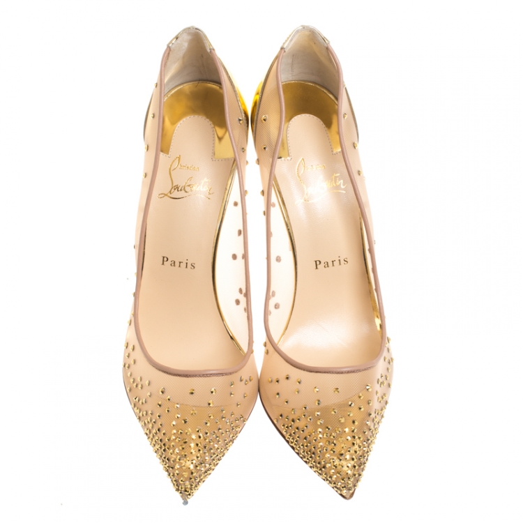 Pre Owned Christian Louboutin Gold Crystal Embellished Leather and Mesh Follies Strass Pumps Size 40.5