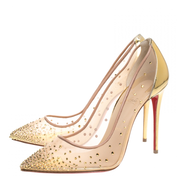 Pre Owned Christian Louboutin Gold Crystal Embellished Leather and Mesh Follies Strass Pumps Size 40.5