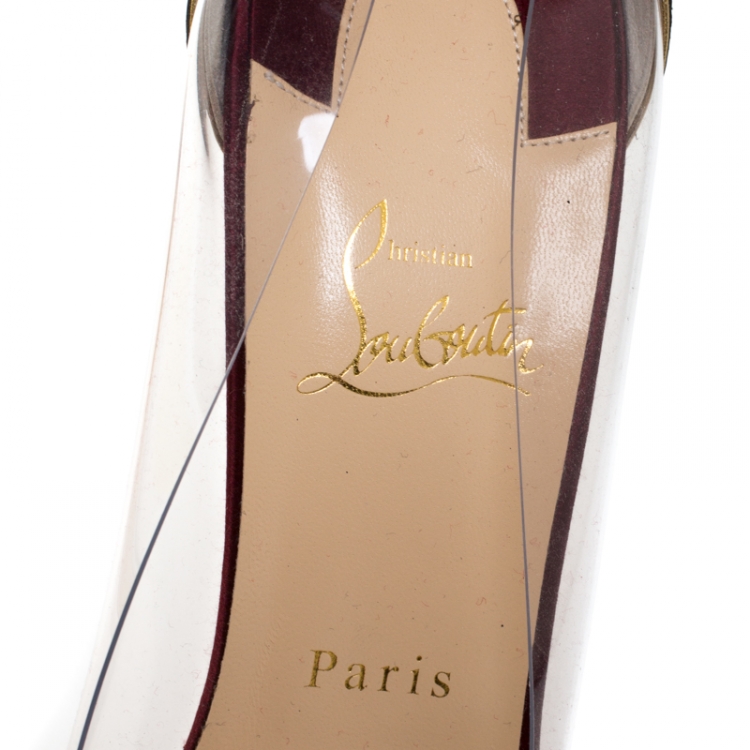 مملوكة مسبقًا Christian Louboutin Metallic Gold Python Embossed Leather and PVC Justinodo Bow Peep Toe Pumps Size 41