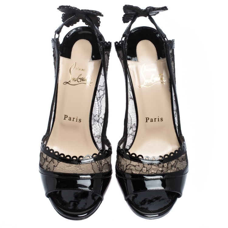 مملوكة مسبقًا Christian Louboutin Black Lace And Patent Leather Trim Chantilly Butterfly Peep Toe Pumps Size 38