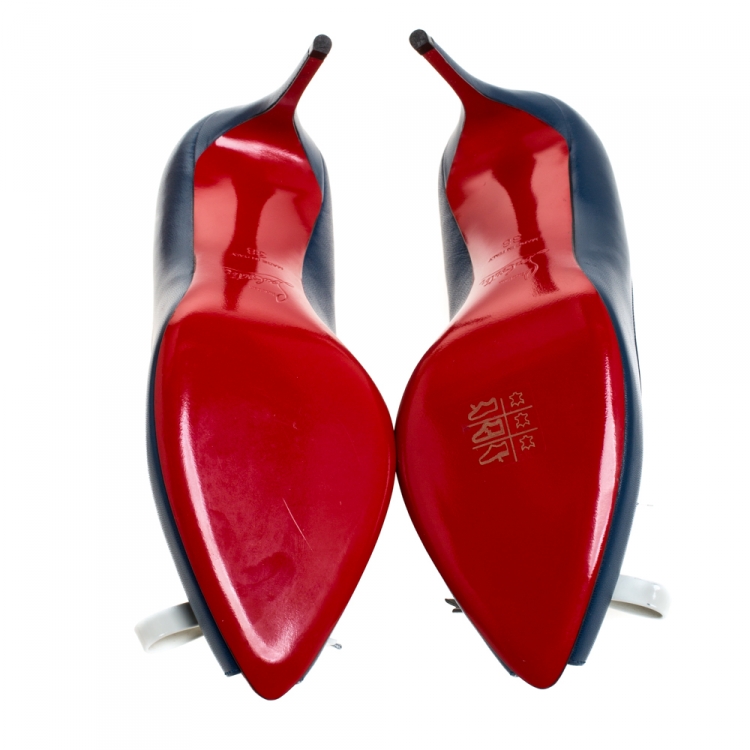 Pre Owned Christian Louboutin Blue Leather Tibunodo Bow Peep Toe Pumps Size 38