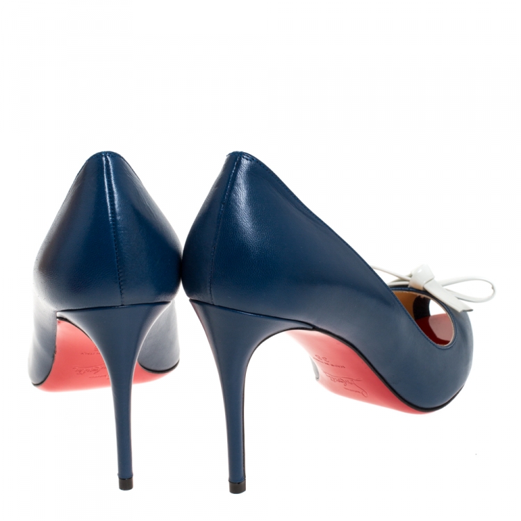 Pre Owned Christian Louboutin Blue Leather Tibunodo Bow Peep Toe Pumps Size 38