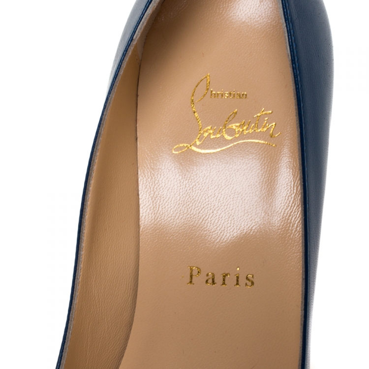 Pre Owned Christian Louboutin Blue Leather Tibunodo Bow Peep Toe Pumps Size 38