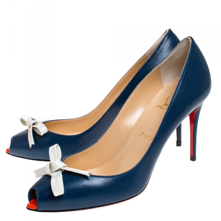 Pre Owned Christian Louboutin Blue Leather Tibunodo Bow Peep Toe Pumps Size 38