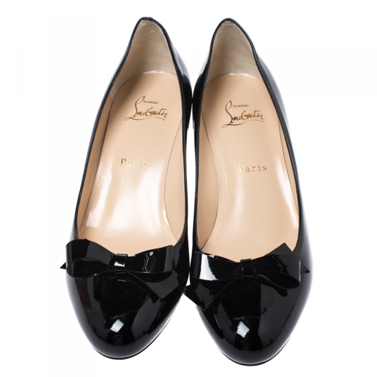 Pre Owned Christian Louboutin Black Patent Leather Minima Bow Pumps Size 38.5