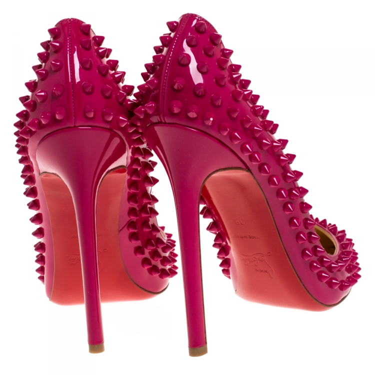 Pre Owned Christian Louboutin Pink Patent Leather Pigalle Spikes Pumps Size 38