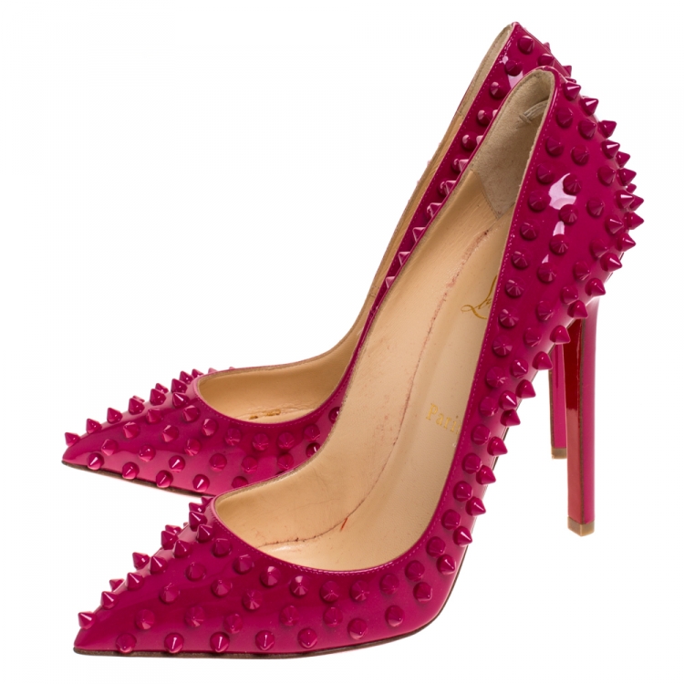 Pre Owned Christian Louboutin Pink Patent Leather Pigalle Spikes Pumps Size 38